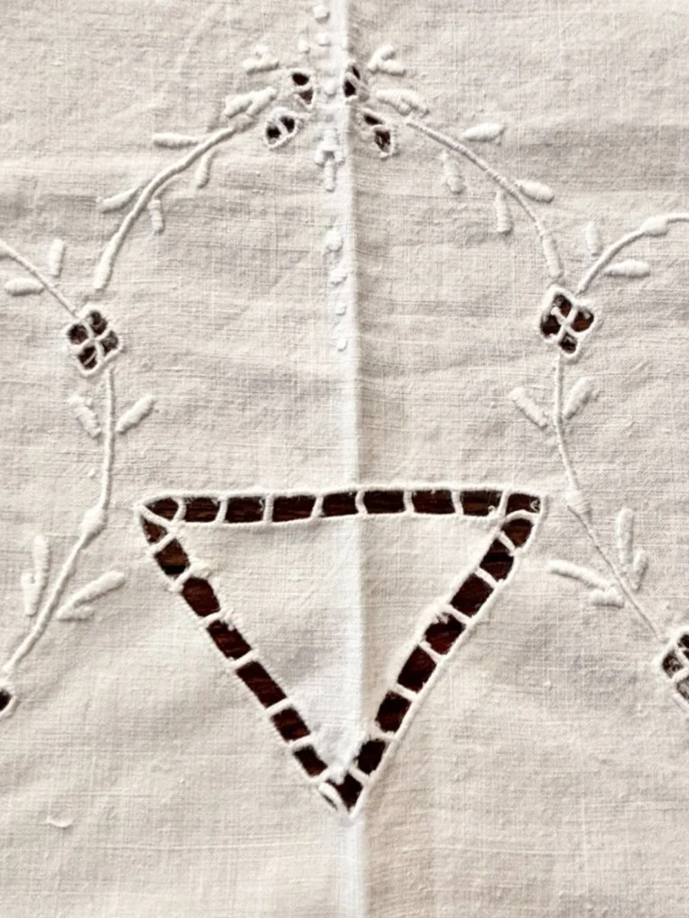 Vintage White Linen Eyelet Embroidered Tablecloth 68 x 84